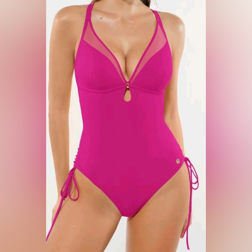 Magenta Mesh Plunge One-Piece Swimsuit